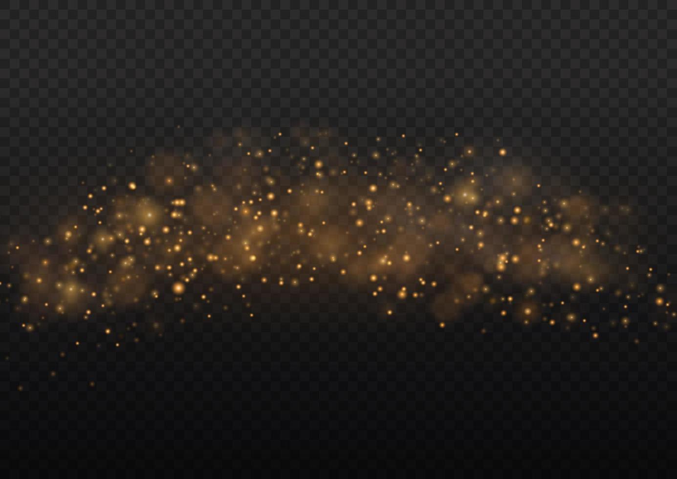 The dust sparks and golden stars shine with special light. Vector sparkles. Christmas light effect.