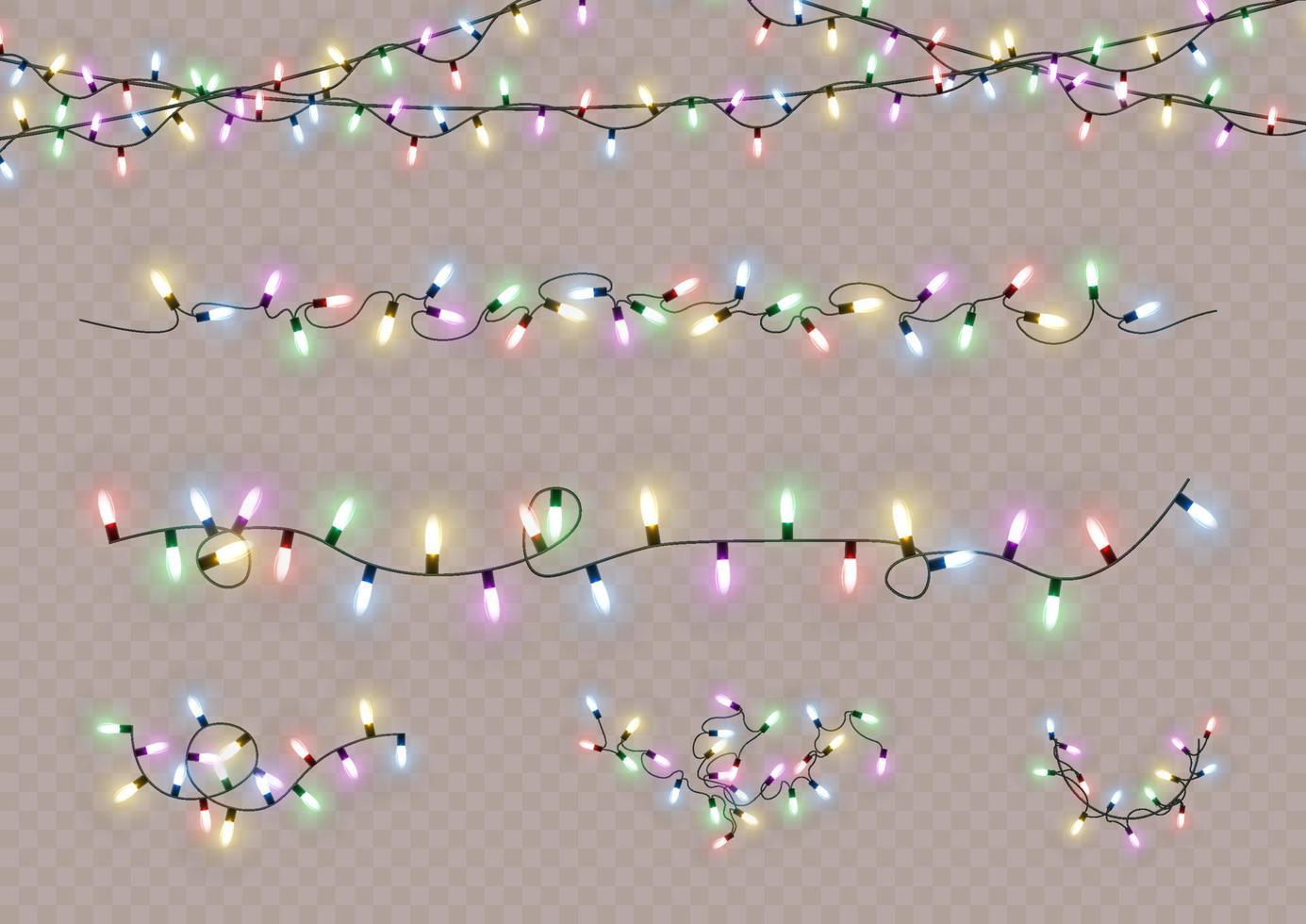 luces de Navidad. línea vectorial con bombillas de luz incandescente. conjunto de ilustración de lámpara de neón led de guirnalda brillante de navidad dorada. luces navideñas aisladas para tarjetas, pancartas, carteles vector