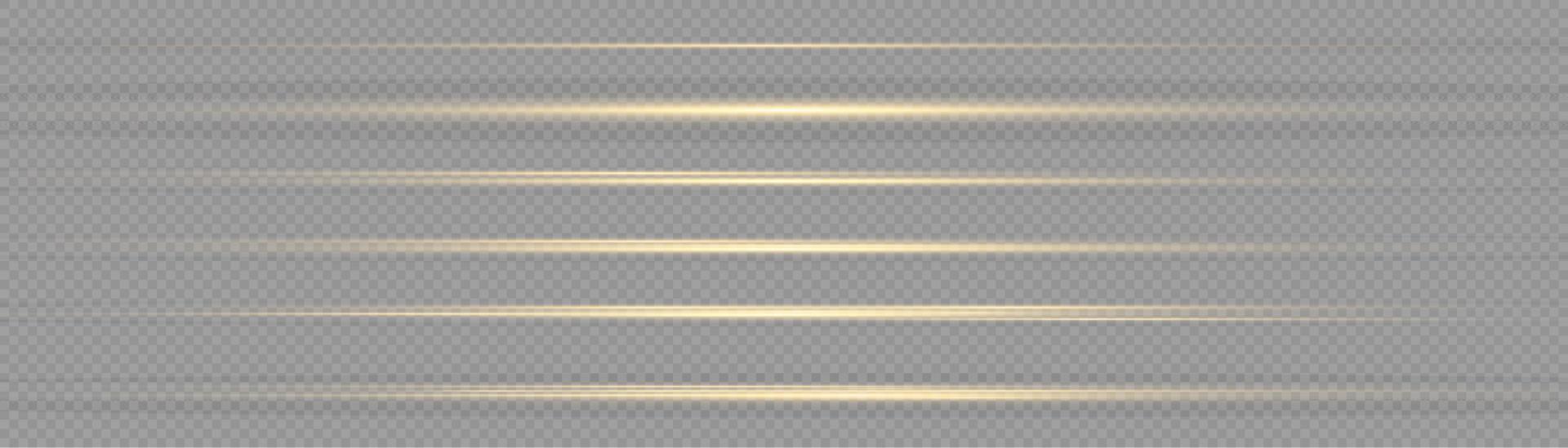 Yellow horizontal lens flares pack. Laser beams, horizontal light rays. Beautiful light flares. Glowing streaks on light background. Luminous abstract sparkling lined background. vector