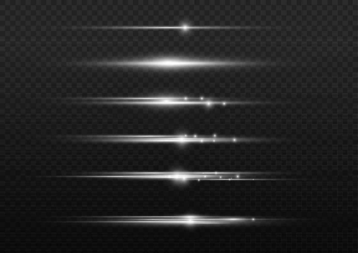 White horizontal lens flares pack. Laser beams, horizontal light rays. Beautiful light flares. Glowing streaks on light background. Luminous abstract sparkling lined background. vector