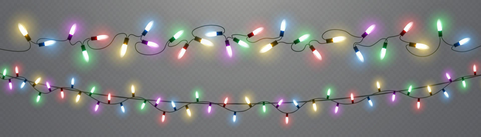 luces de Navidad. línea vectorial con bombillas de luz incandescente. conjunto de ilustración de lámpara de neón led de guirnalda brillante de navidad dorada. luces navideñas aisladas para tarjetas, pancartas, carteles vector