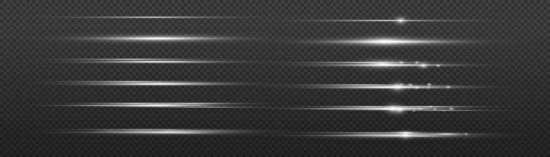 White horizontal lens flares pack. Laser beams, horizontal light rays. Beautiful light flares. Glowing streaks on light background. Luminous abstract sparkling lined background. vector