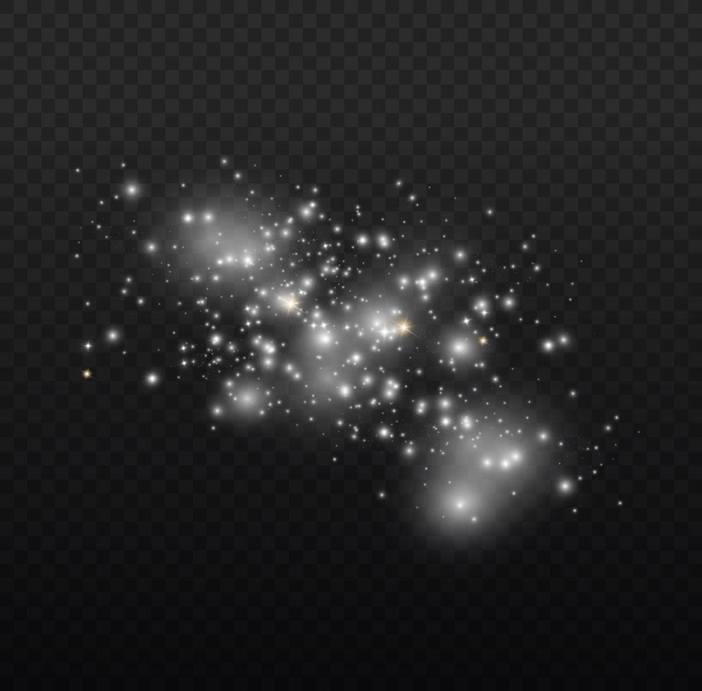 efecto de fondo de partículas de brillo blanco vectorial para tarjeta rica de saludo de lujo. efecto de luz especial de brillo de chispas blancas. textura brillante. chispas de polvo de estrellas en una explosión sobre un fondo negro. vector