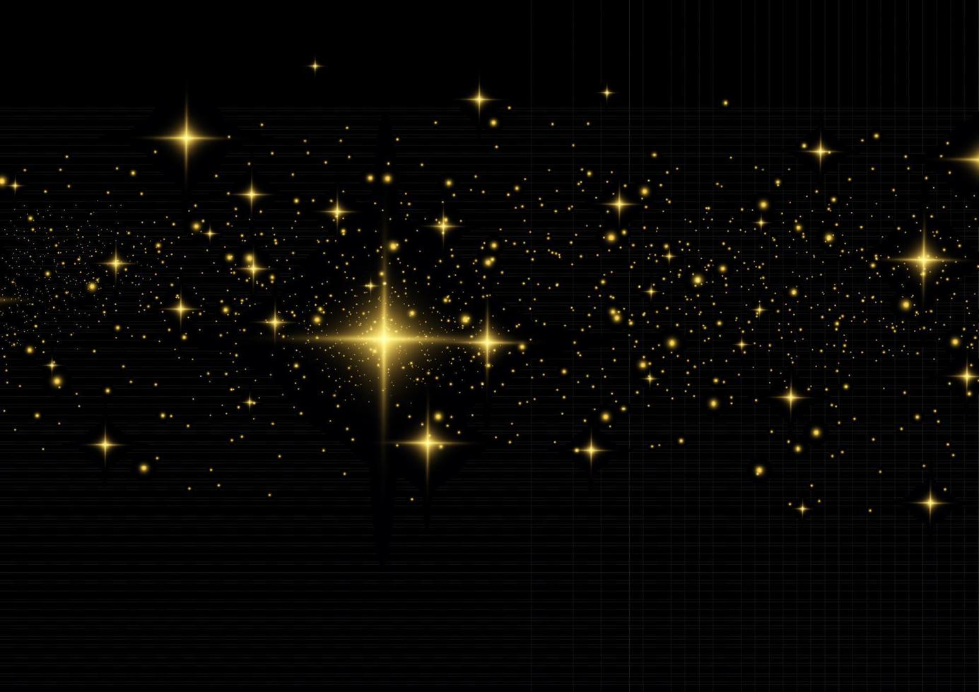 The dust sparks and golden stars shine with special light. Vector sparkles. Christmas light effect.