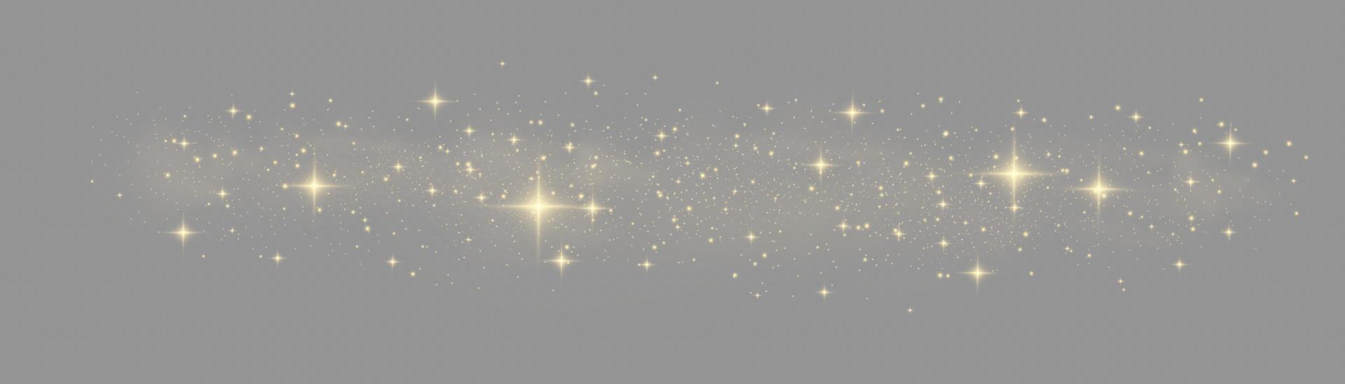 The dust sparks and golden stars shine with special light. Vector sparkles. Christmas light effect.