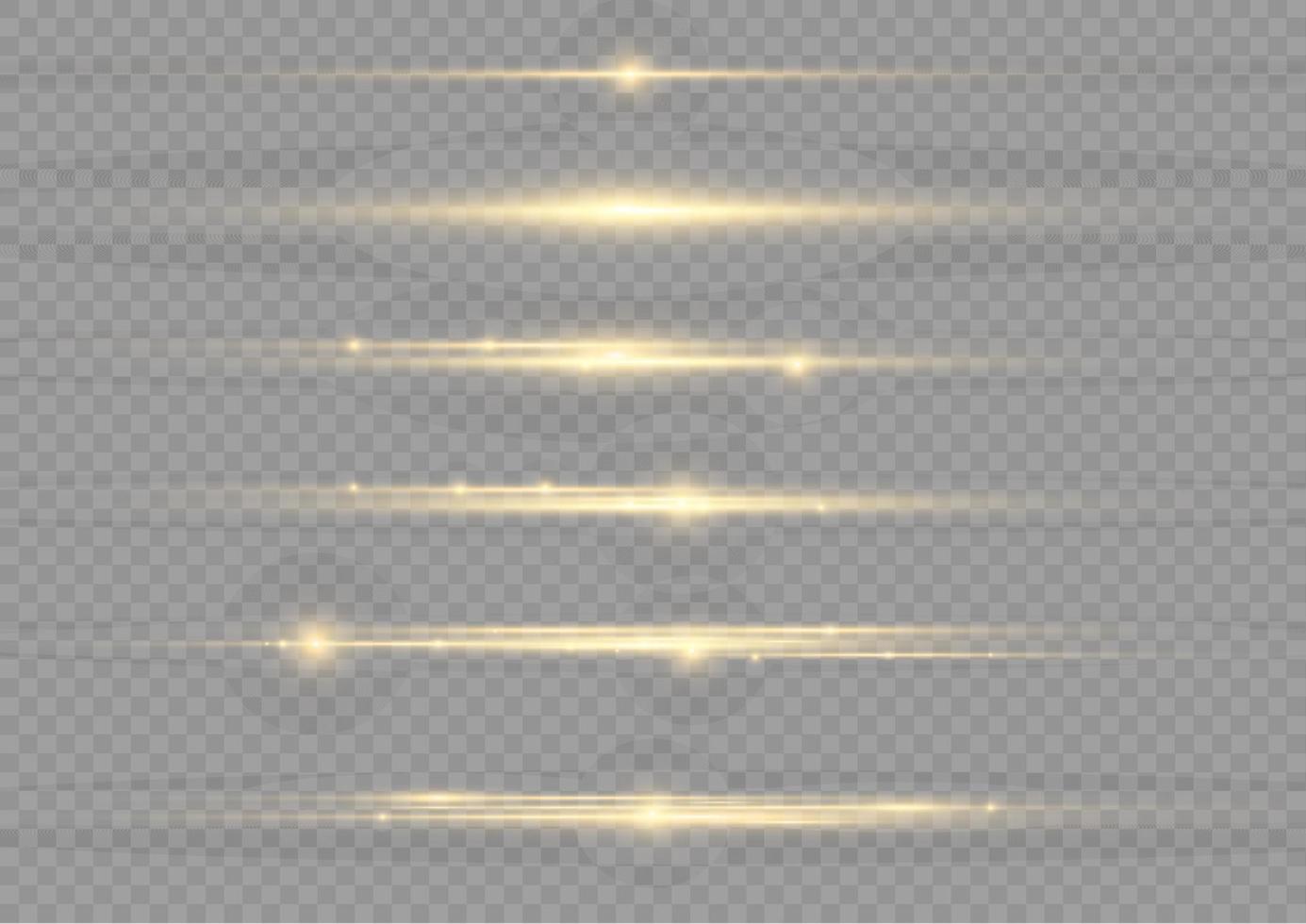 Yellow horizontal lens flares pack. Laser beams, horizontal light rays. Beautiful light flares. Glowing streaks on light background. Luminous abstract sparkling lined background. vector