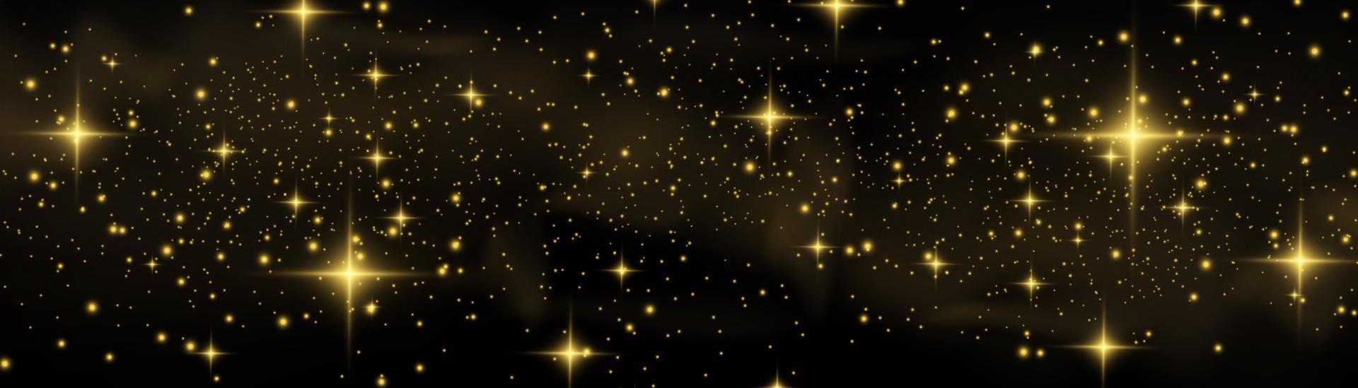 The dust sparks and golden stars shine with special light. Vector sparkles. Christmas light effect.