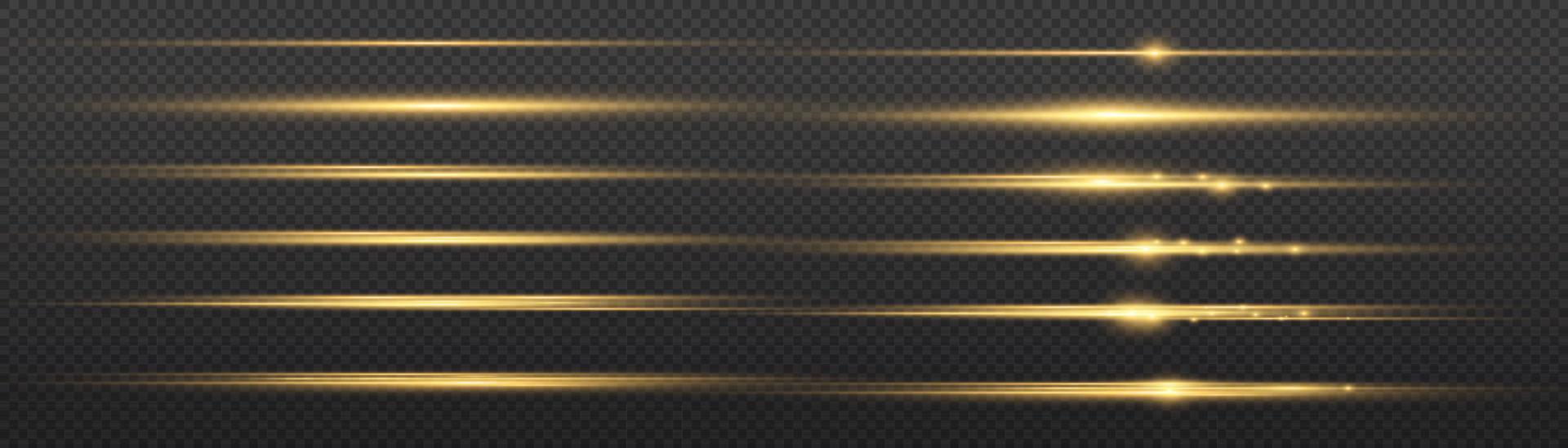 Yellow horizontal lens flares pack. Laser beams, horizontal light rays. Beautiful light flares. Glowing streaks on light background. Luminous abstract sparkling lined background. vector