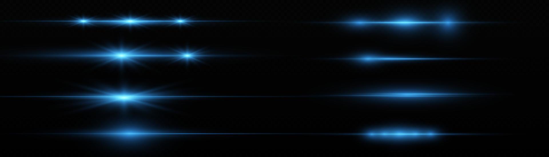 Blue horizontal lens flares pack. Laser beams, horizontal light rays. Beautiful light flares. Flash light with fairy dust sparks and golden stars shine. Dusty shine light. vector
