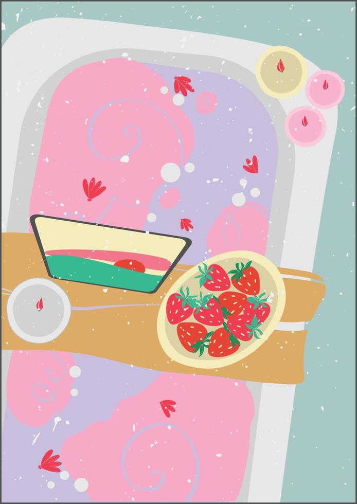 Bath with pink foam and flowers. Cinema on the tablet while taking a bath. Strawberries and candles for the atmosphere. A set of posters. Decorated bath for a pleasant evening. Home spa. vector