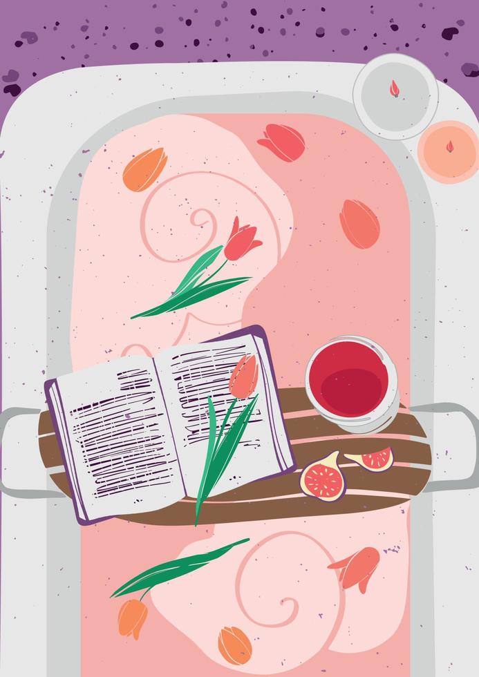 Bath with tulips and flower buds. Book with a glass of red wine and figs. A set of posters. Decorated bath for a pleasant evening. Personal care. Home spa for lifestyle design. vector