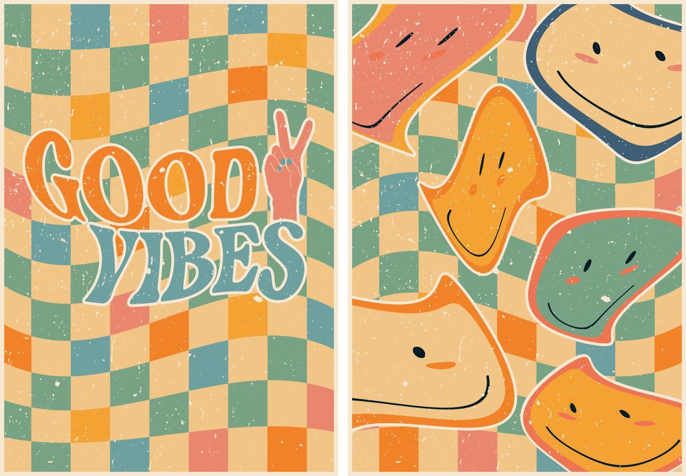 Abstract background in retro style with the inscription good vibes and smeared emoticons. Vintage retro style. Colorful vector art design. 60s, 70s, hippies. Set of postcard, poster design.