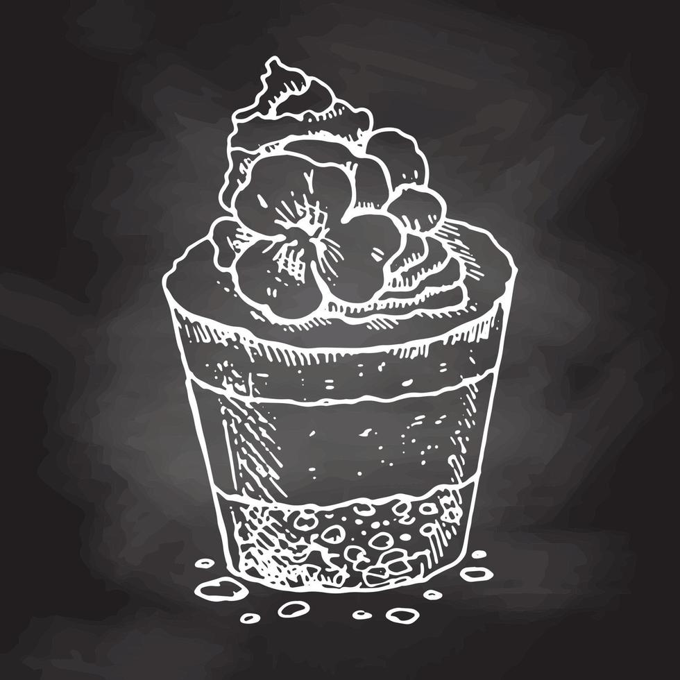 Tasty Creamy Sweet Dessert. Vintage Vector Monochrome Illustration. Hand drawn sketch of Delicious Cup cake With cream top and flower.  Design Gastronomy Product element.