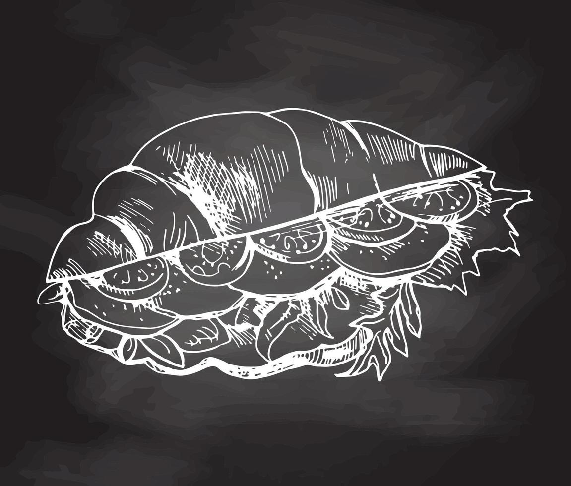 Hand drawn Sketch of Croissant stuffed with lettuce, cheese and tomatoes. Vector illustration. Food elements for menu design. White sketch isolated on black chalkboard.