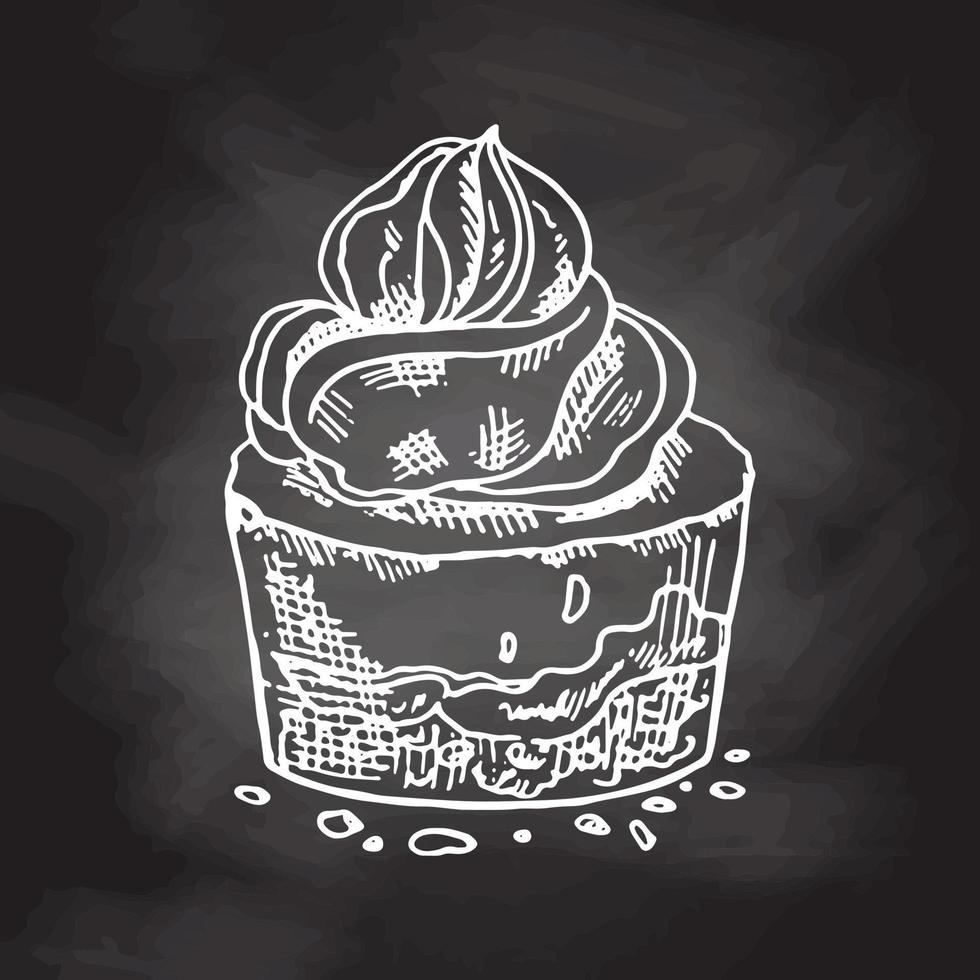 Tasty Creamy Sweet Dessert. Vintage Vector Monochrome Illustration. Hand drawn sketch of Delicious Cup cake With cream top.  Design Gastronomy Product element.
