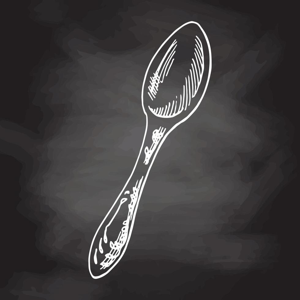 Hand drawn sketch illustration. Vector monochrome vintage spoon. White sketch isolated on black chalkboard. Icons and elements for print, labels, packaging. Vintage, doodle style.