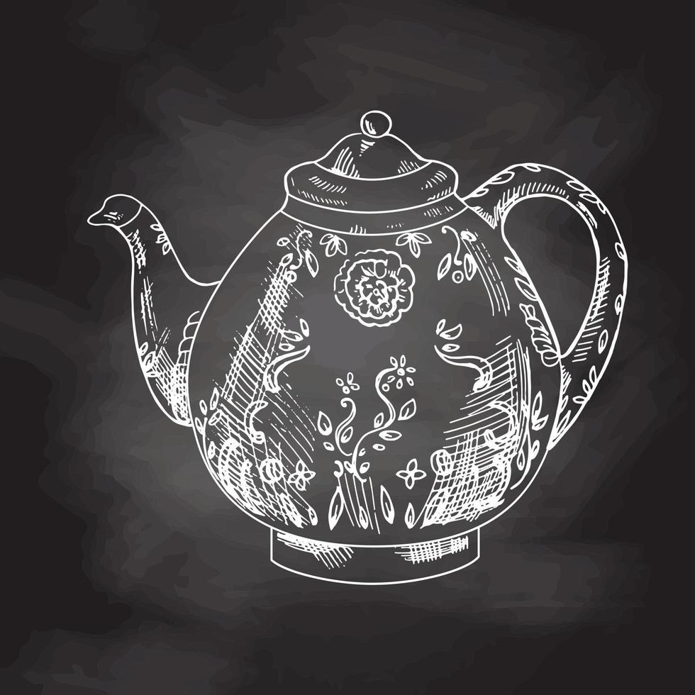 Hand drawn sketch illustration. Vector monochrome vintage porcelain teapot. White sketch isolated on black chalkboard. Icons and elements for print, labels, packaging. Vintage, doodle style.