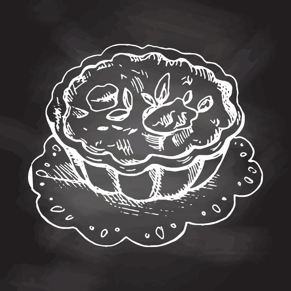 Hand drawn sketch of tartlet. Vintage, doodle style icon. Decoration element. White sketch isolated on black chalkboard. Icons and elements for print, labels, packaging. Vintage, doodle style. vector