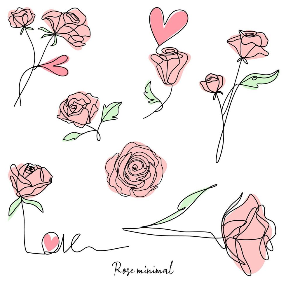 set of roses flower hand drawing line abstract vector