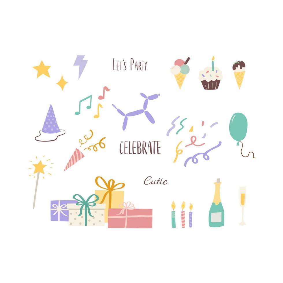 Set of birthday party design elements. Colorful balloons, confetti and decorative hat. Vector illustration