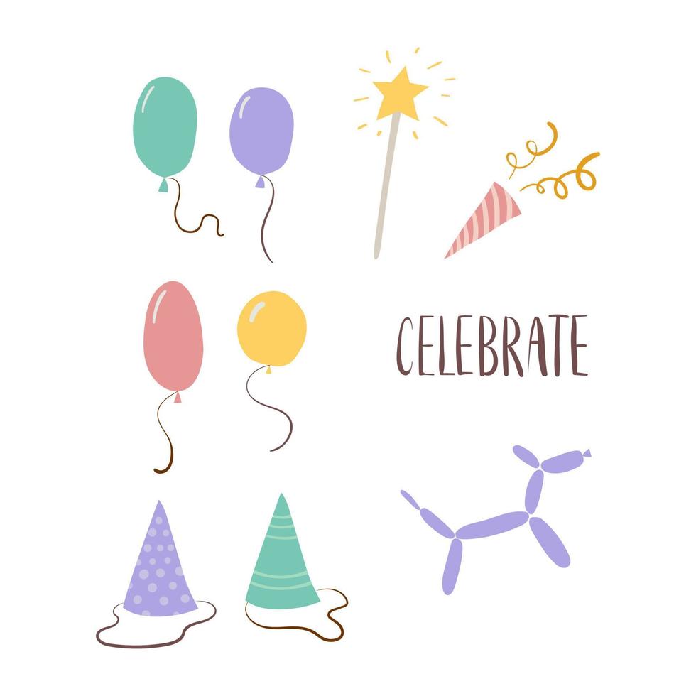 Set of birthday party design elements. Colorful balloons, confetti and decorative hat. Vector illustration