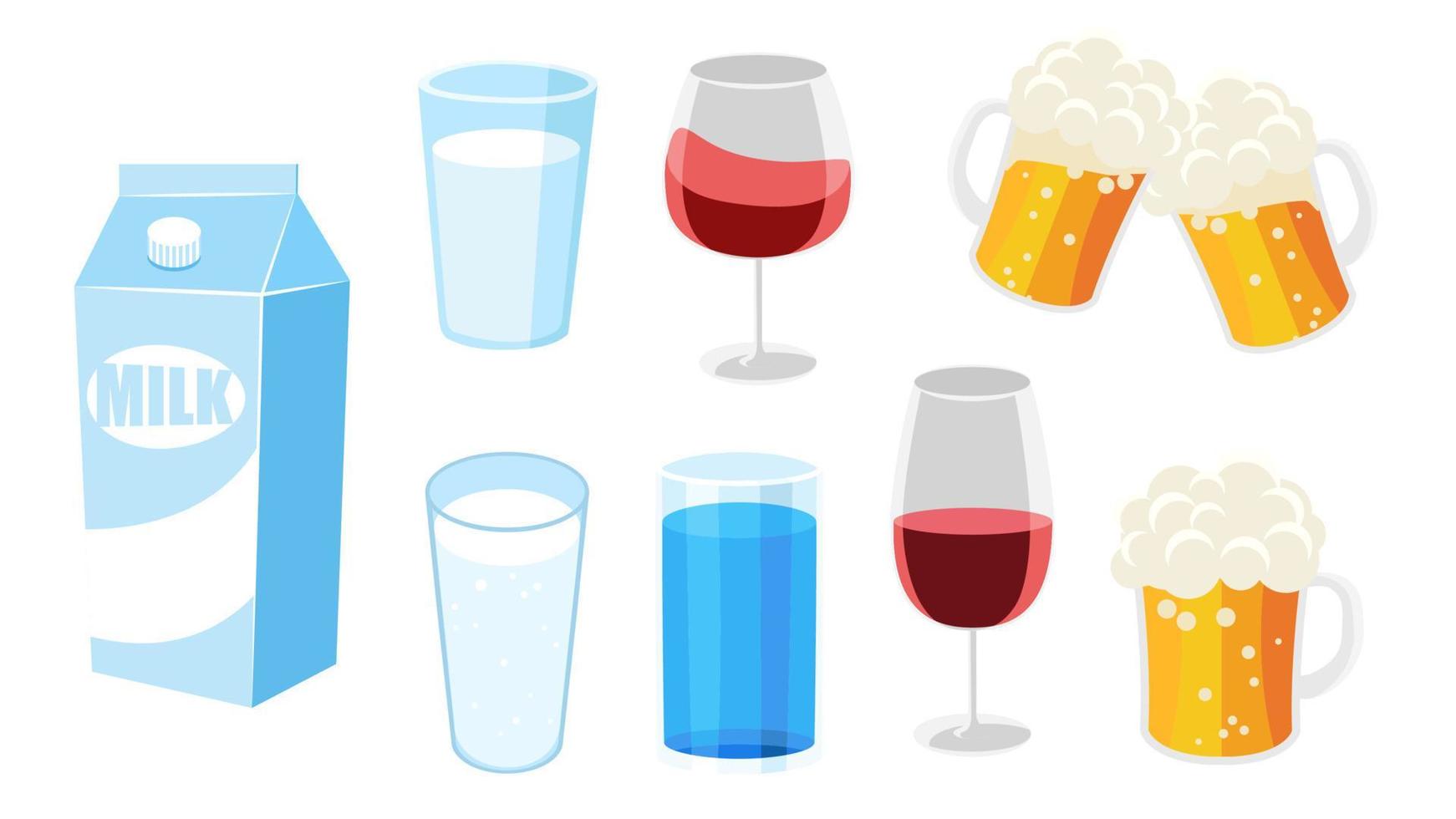 Collection set of drink object milk water glass red wine goblet beer vector