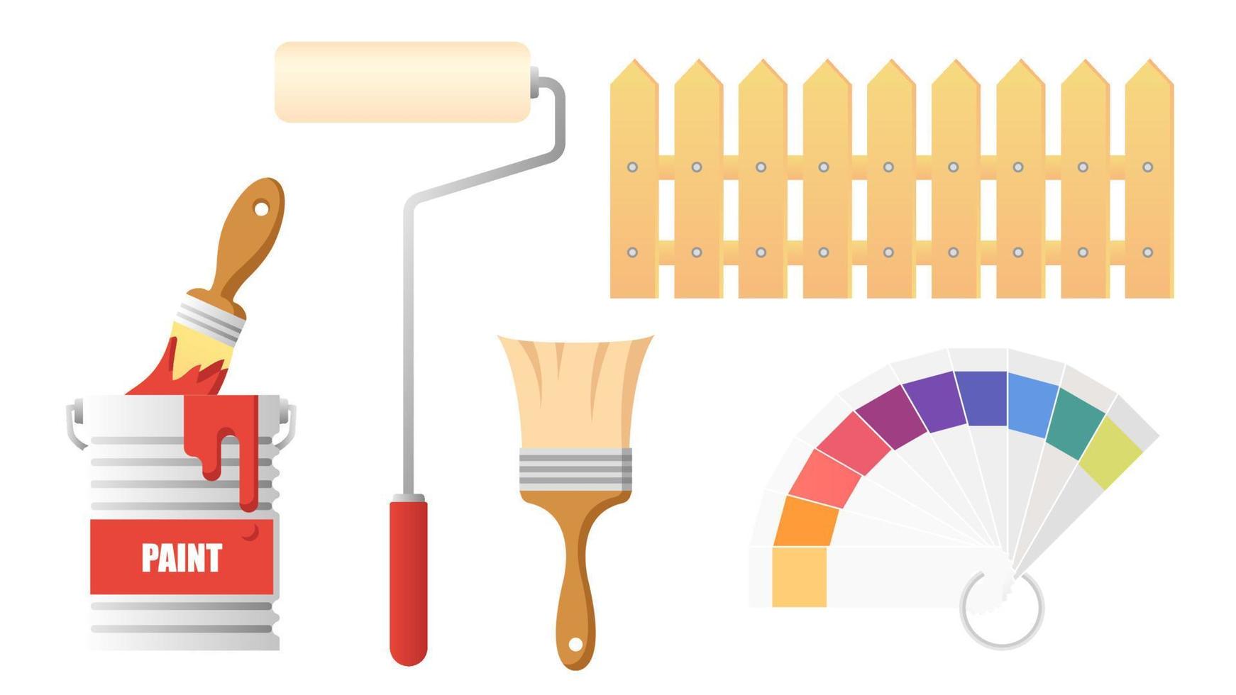 Collection set of paint object painting brush paint roller bucket color chart vector