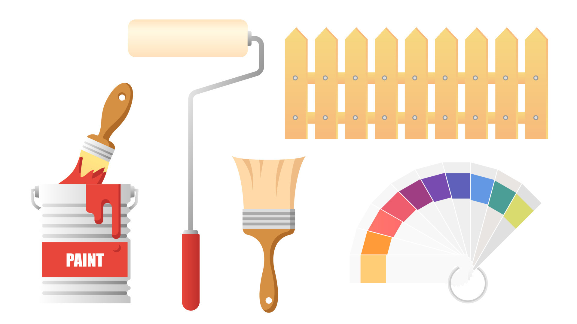 Collection set of paint object painting brush paint roller bucket color