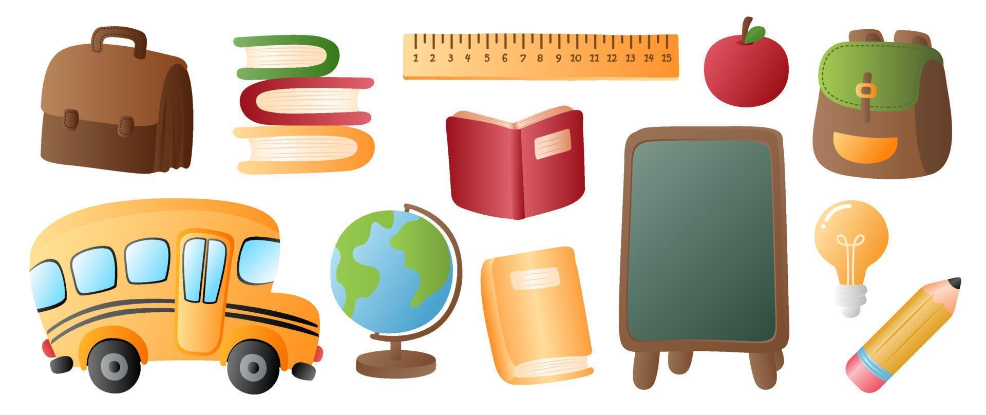 Collection set of back to school objects bus globe backpack book ruler pencil blackboard vector