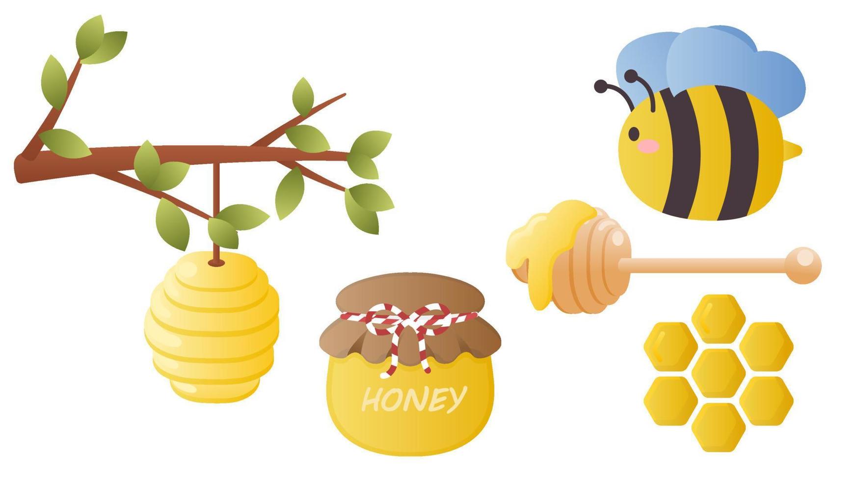 Collection set of cartoon cute honey object bee honeycomb tree branch honey beehive vector