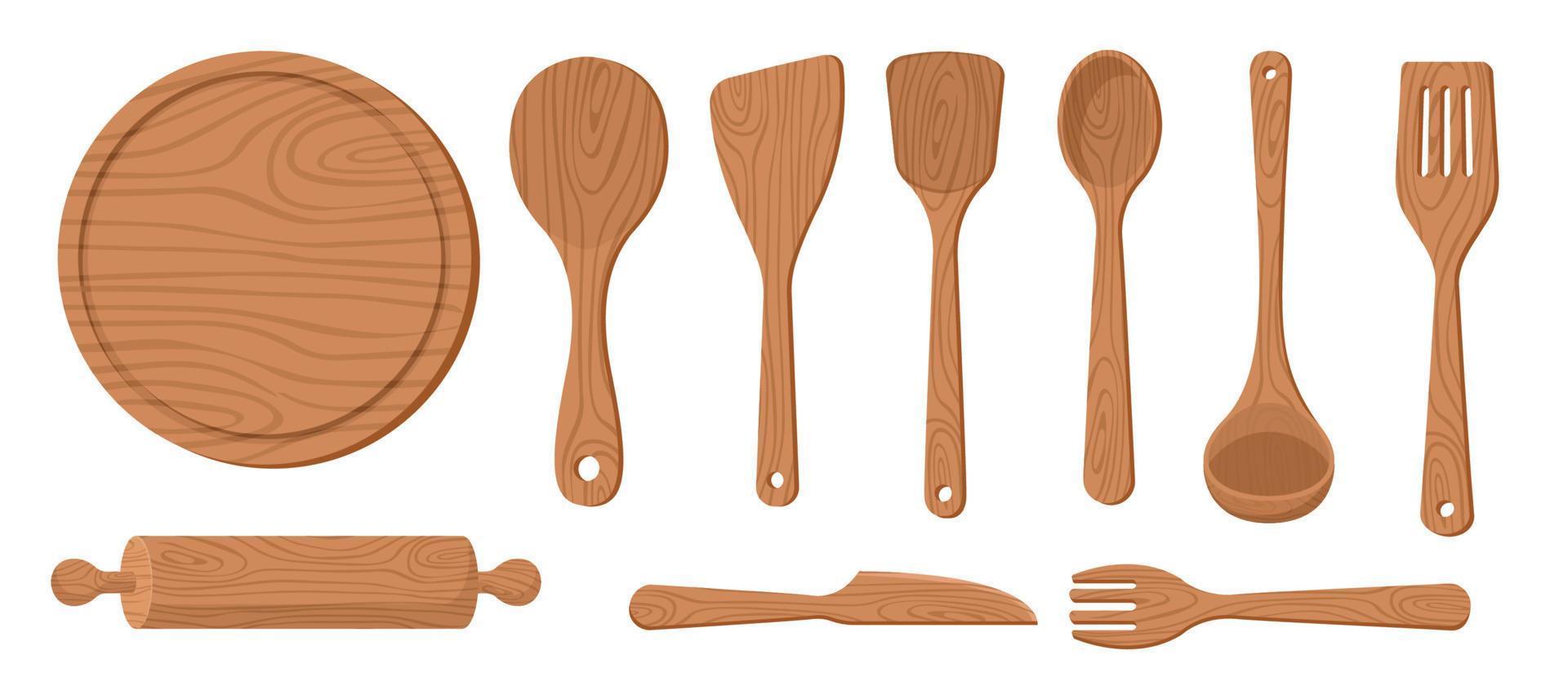 Collection set of wooden kitchenware plate cutting board fork rice spatula spoon rolling pin vector