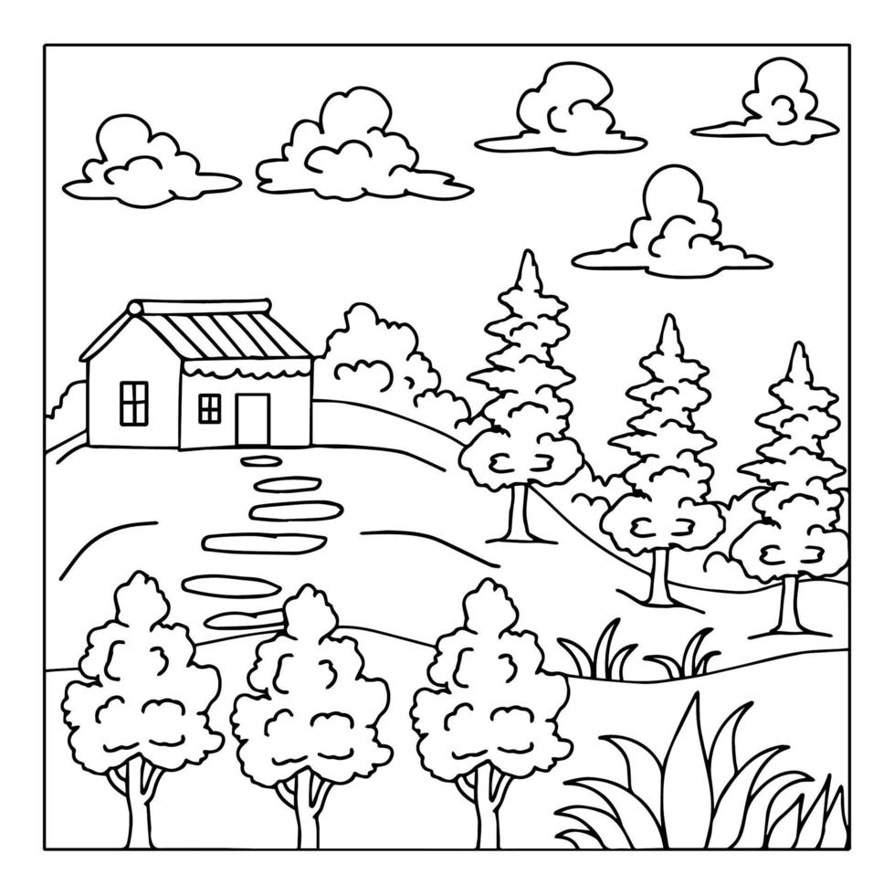 Print Design Nature Landscape Outline Coloring Page vector