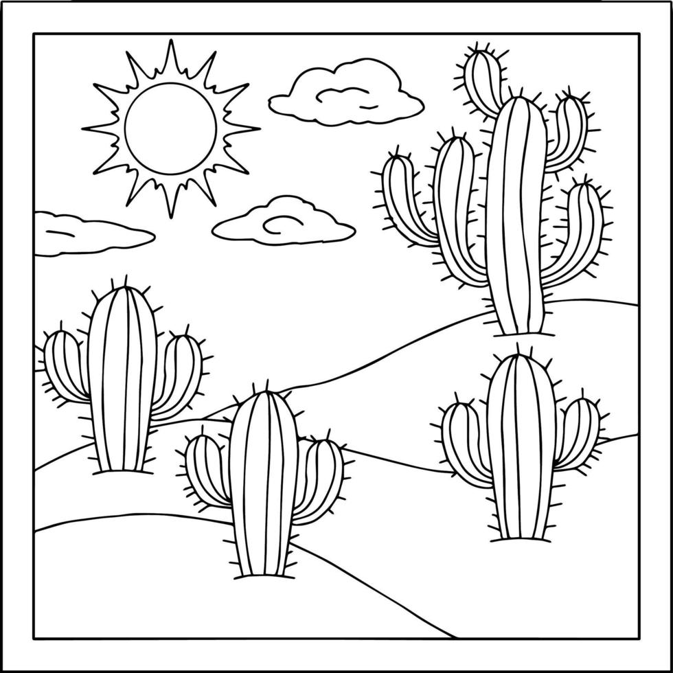 Print design desert cactus landscape coloring page for kid vector