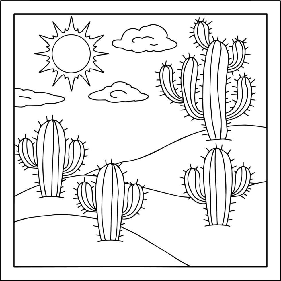 diseño de impresión paisaje de cactus del desierto página para colorear para niños vector