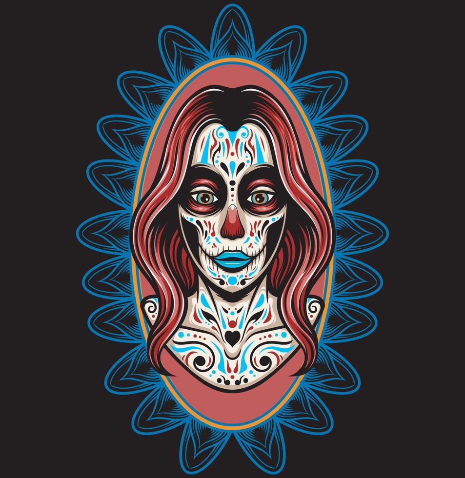 ilustración vectorial día de la niña muerta maquillada con estilo vintage vector