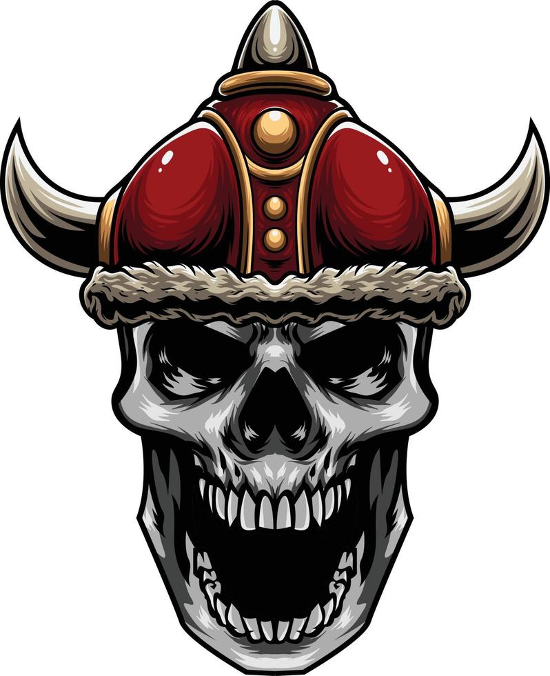 Vector Illustration of Skull Wearing Viking Helmet in Vintage Style