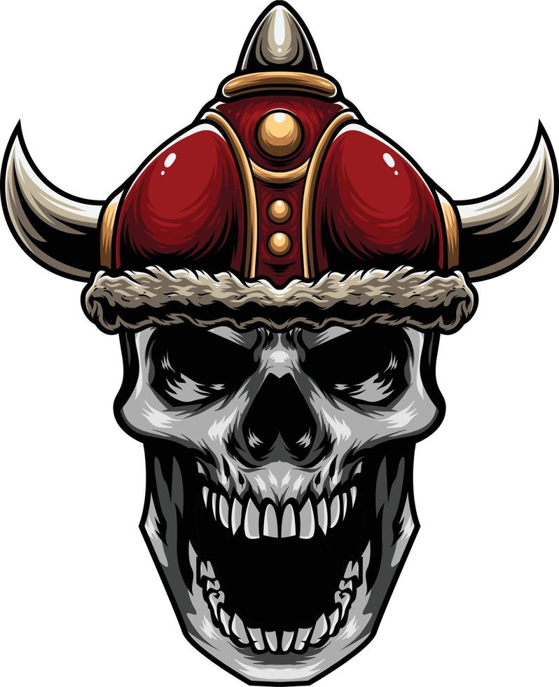 Vector Illustration of Skull Wearing Viking Helmet in Vintage Style