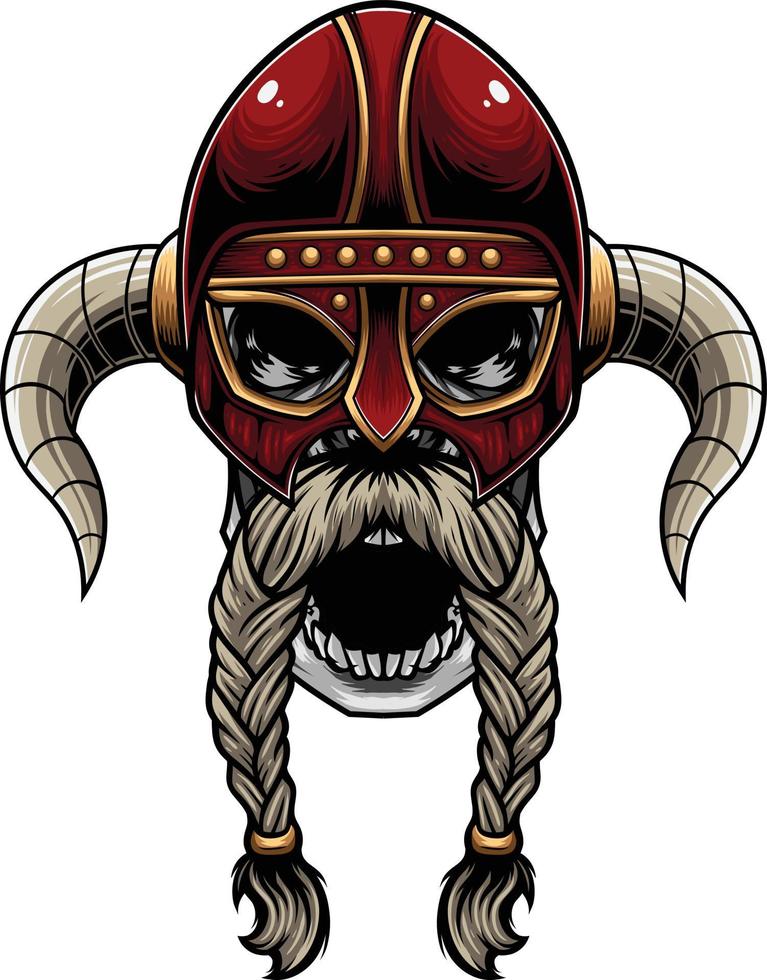 Vector Illustration of Skull Wearing Viking Helmet in Vintage Style