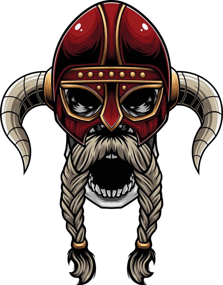 Vector Illustration of Skull Wearing Viking Helmet in Vintage Style