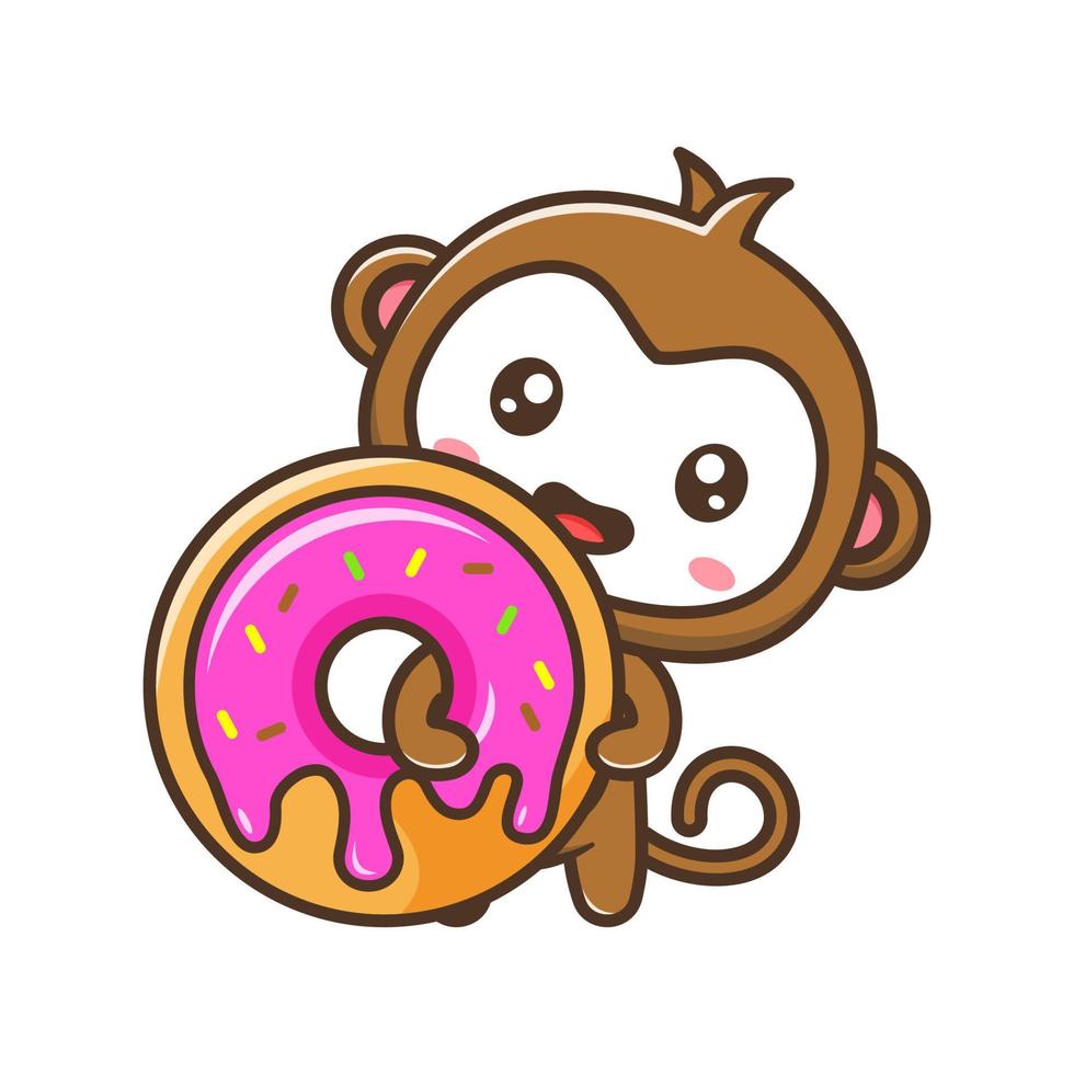 Cute litle monkey with apple cartoon illustration isolated suitable For sticker, crafting, scrapbooking, poster, packaging, children book cover vector