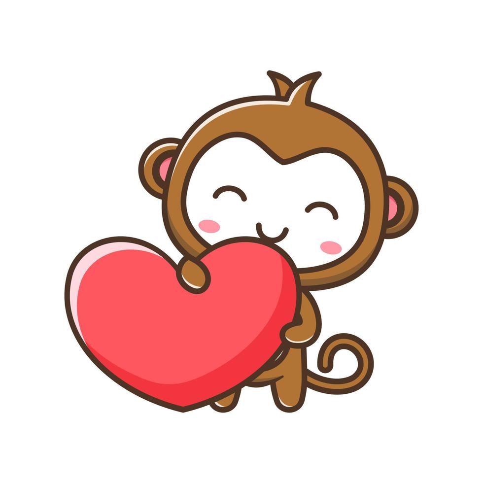 Cute litle monkey with heart cartoon illustration isolated suitable For sticker, crafting, scrapbooking, poster, packaging, children book cover vector