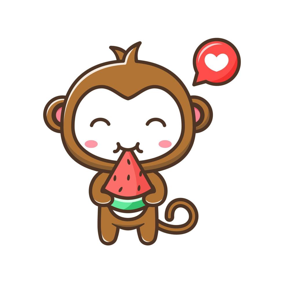 Cute litle monkey eat watermelon cartoon illustration isolated suitable For sticker, crafting, scrapbooking, poster, packaging, children book cover vector