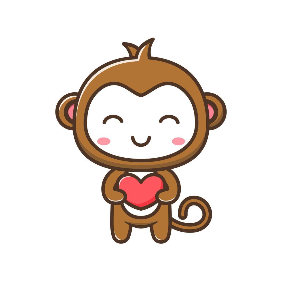 Cute litle monkey with heart cartoon illustration isolated suitable For sticker, crafting, scrapbooking, poster, packaging, children book cover vector