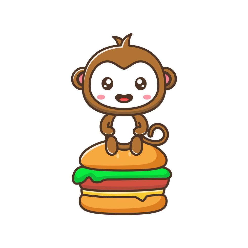 Cute litle monkey with burger cartoon illustration isolated suitable For sticker, crafting, scrapbooking, poster, packaging, children book cover vector