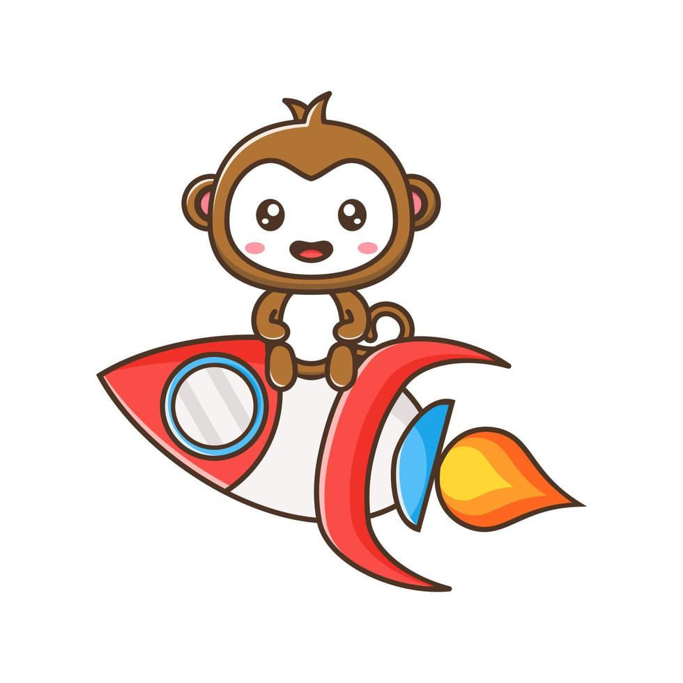 Cute litle monkey with rocket cartoon illustration isolated suitable For sticker, crafting, scrapbooking, poster, packaging, children book cover vector