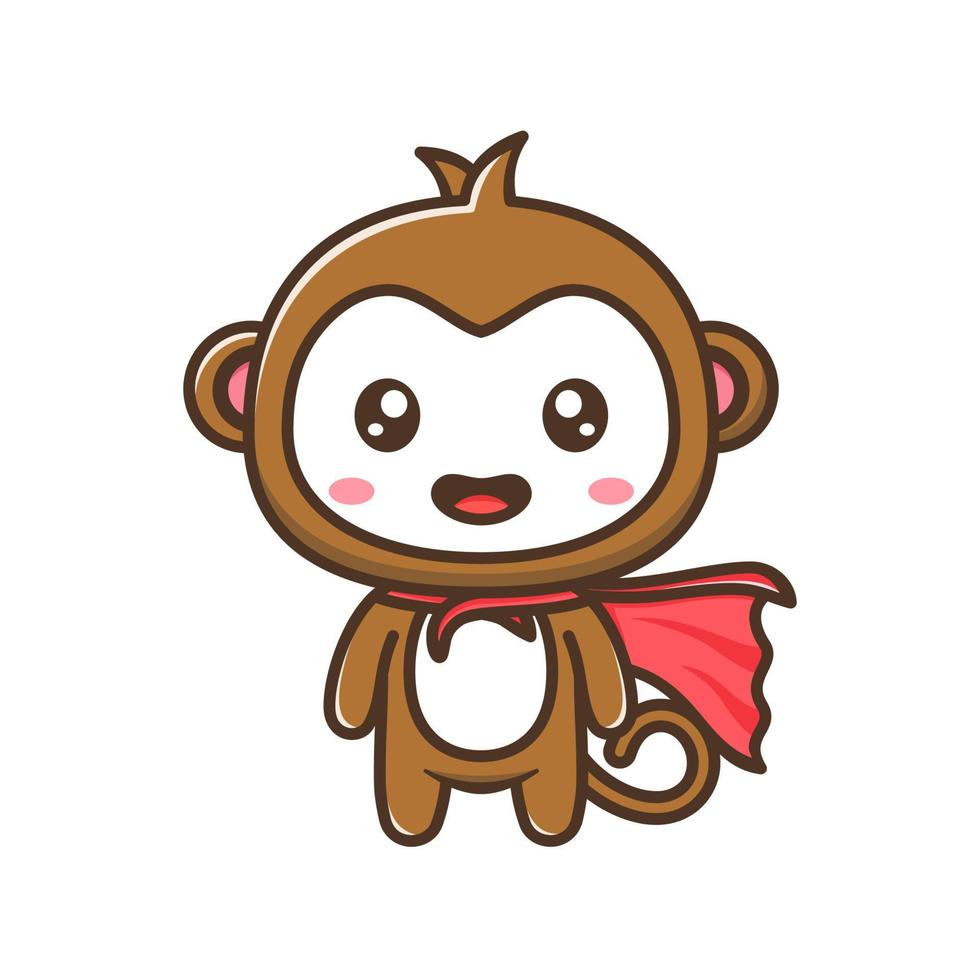 lindo pequeño héroe de mono con ilustración de dibujos animados de capa roja aislado adecuado para pegatinas, manualidades, álbumes de recortes, afiches, empaques, portada de libros para niños vector