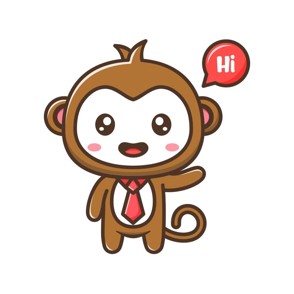 lindo mono pequeño con corbata y decir hola ilustración de dibujos animados aislado adecuado para pegatinas, manualidades, álbumes de recortes, afiches, empaques, portada de libros para niños vector