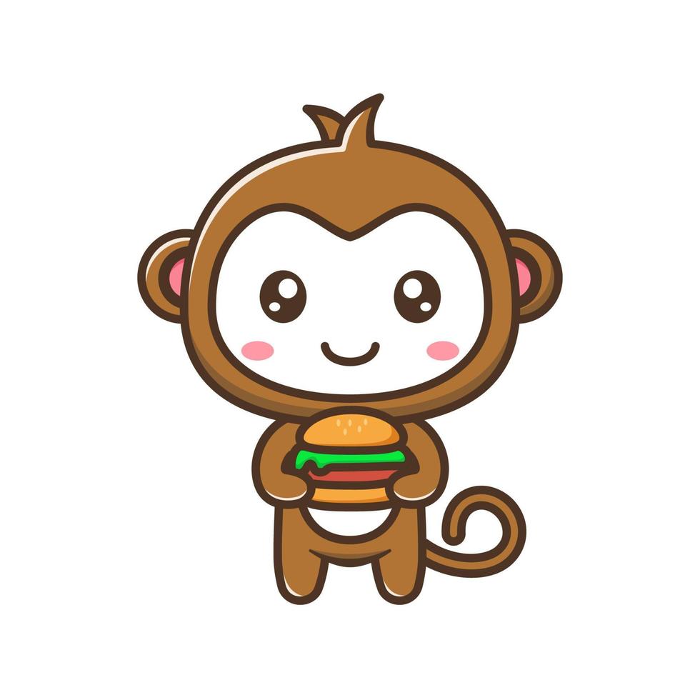 Cute litle monkey with burger cartoon illustration isolated suitable For sticker, crafting, scrapbooking, poster, packaging, children book cover vector