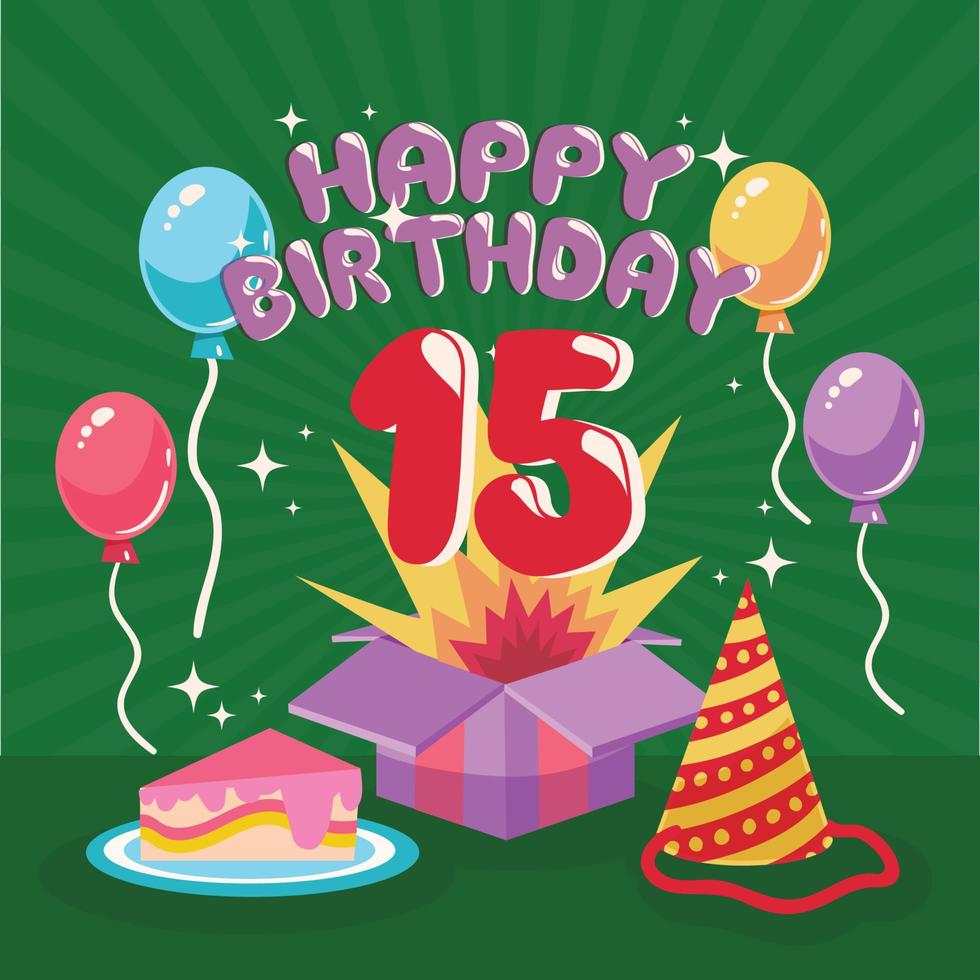 15th birthday greeting card template. vector