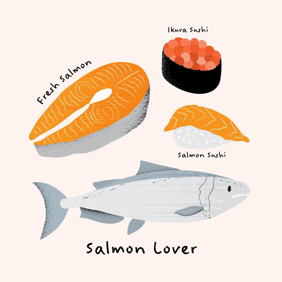 hand draw salmon lover, fresh salmon fish, salmon menu vector